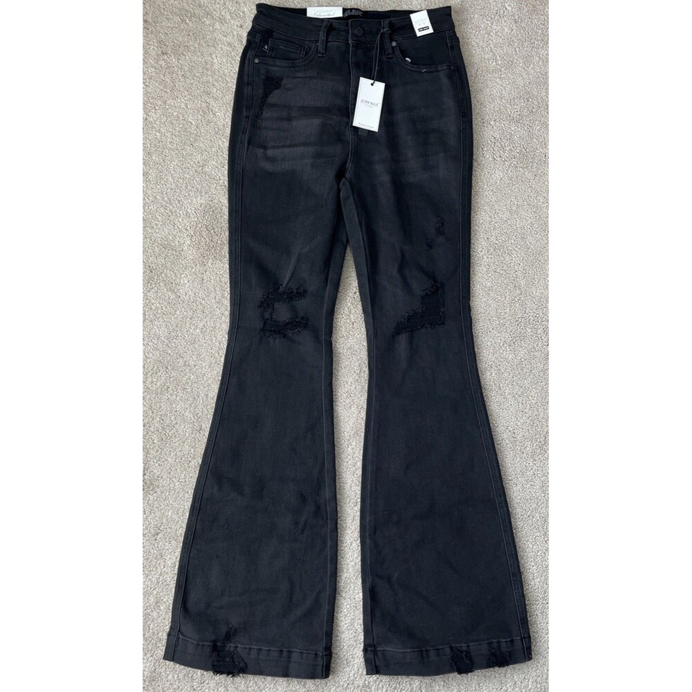 Judy Blue Flare Jeans Womens 9/29 Black Distressed High Waist Boho Festival NWT